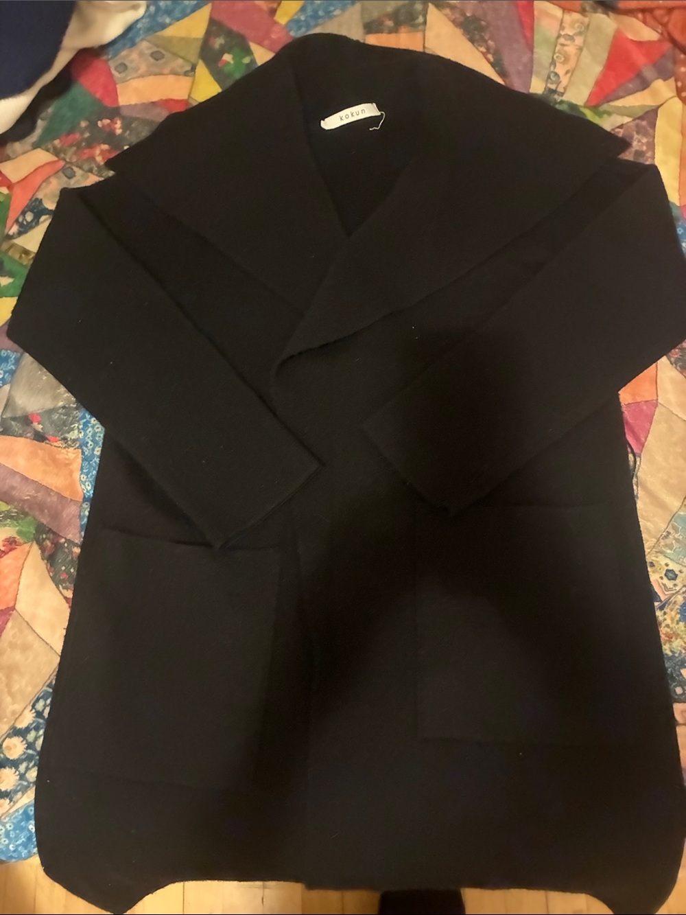 Women's Black Open-Front Shawl Collar Trench Coat by Kokun